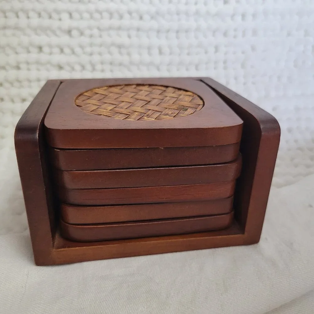 Coasters w/Caddy Vintage Set of 6 Wood Wicker Bamboo Teak 1970s barware GUC